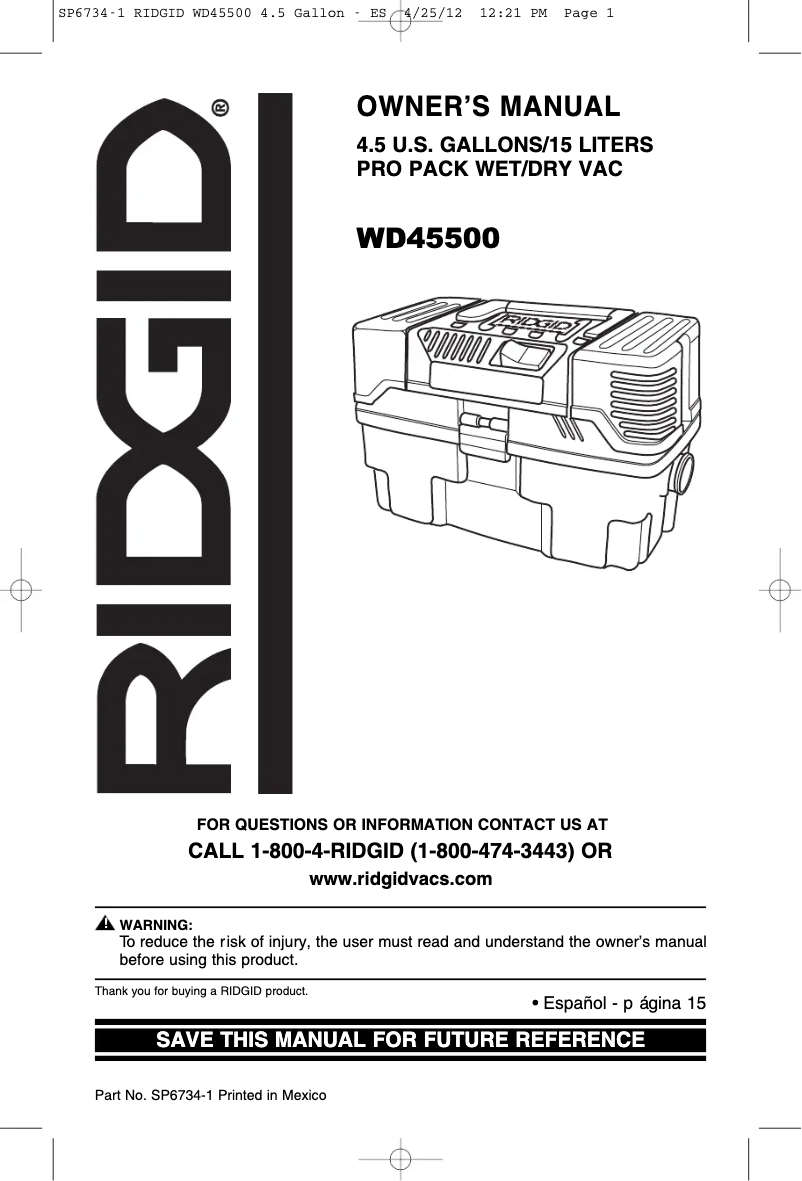 Page 1 de la notice Manuel utilisateur Ridgid ProPack VT1781