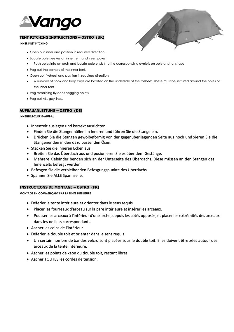 Page 1 de la notice Manuel utilisateur Vango Ostro 200