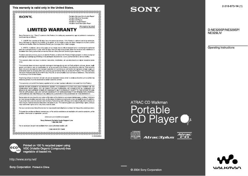 Page 1 de la notice Manuel utilisateur Sony D-NE329LIV