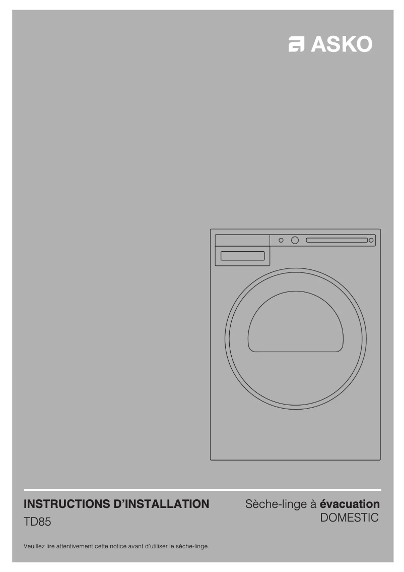 Page 1 de la notice Guide d'installation Asko T411VD.W.U