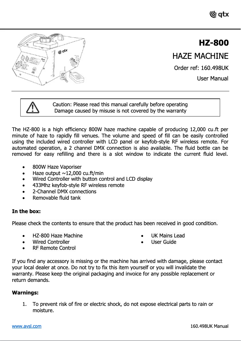 Page 1 de la notice Manuel utilisateur Qtx HZ-800
