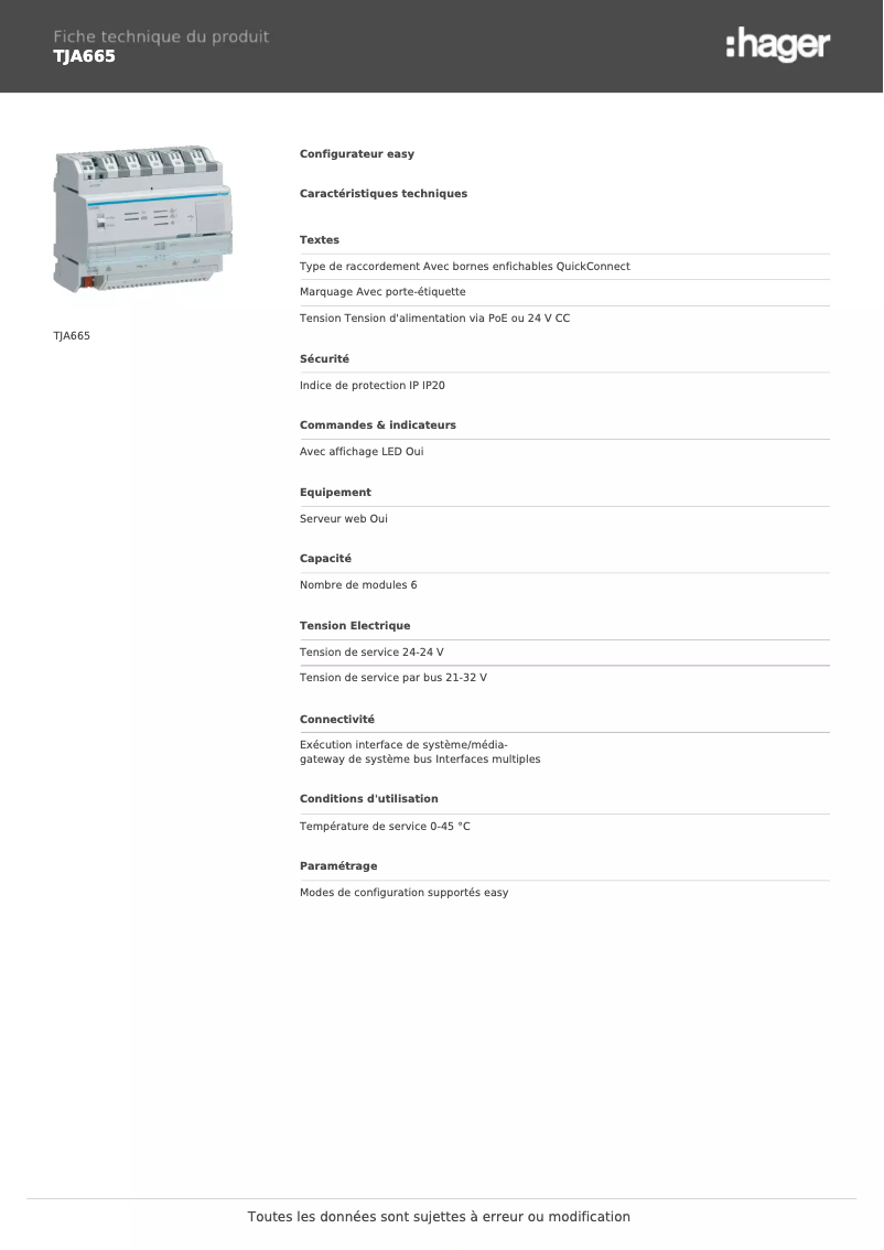 Page 1 de la notice Fiche technique Hager TJA665