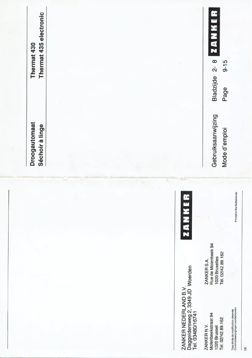 Page 1 de la notice Manuel utilisateur Zanker Thermat 430