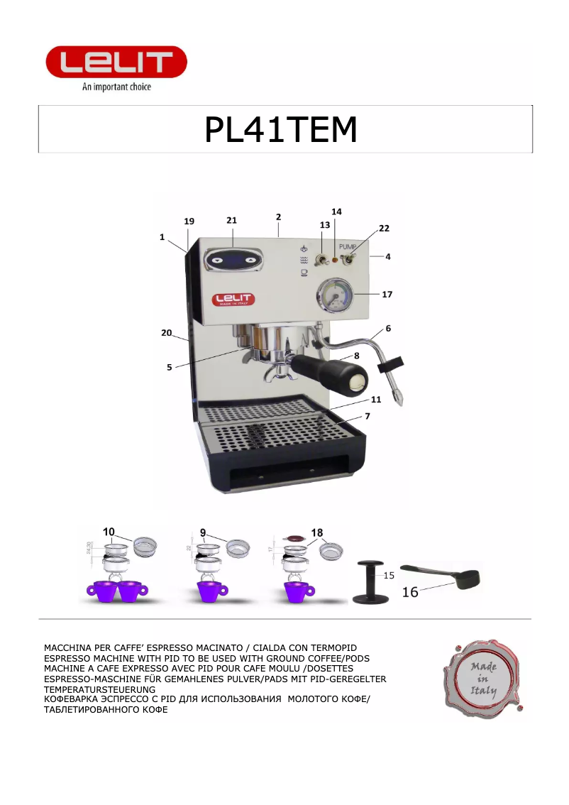 Page 1 de la notice Manuel utilisateur Lelit PL41TEM