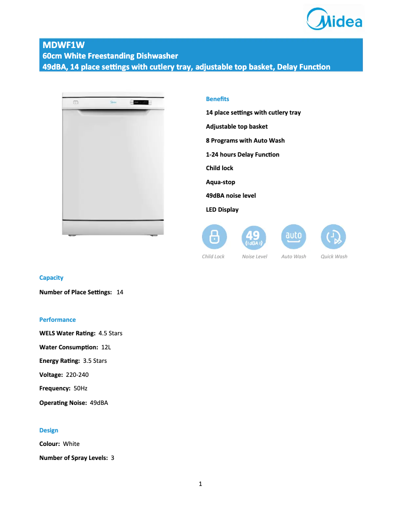 Page 1 de la notice Fiche technique Midea MDWF1W