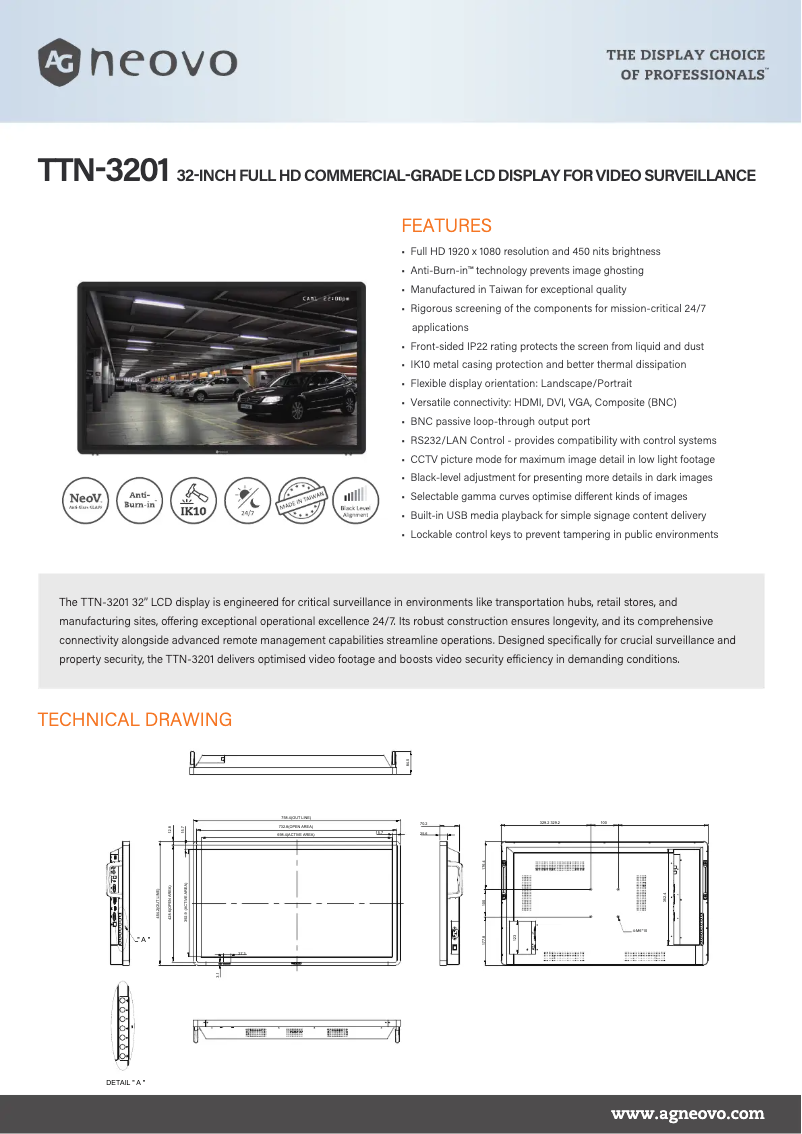 Page 1 de la notice Fiche technique AG Neovo TTN-3201