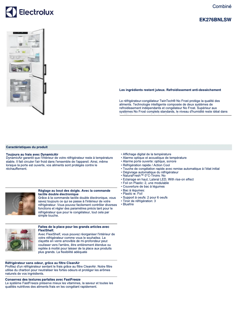 Page 1 de la notice Fiche technique Electrolux EK276BNLSW