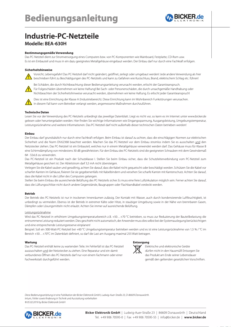 Page n°1 - Manuel utilisateur Bicker Elektronik BEA-630H