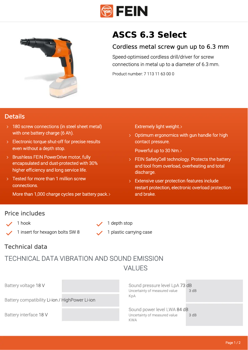 Page 1 de la notice Fiche technique Fein ASCS 6.3 Select