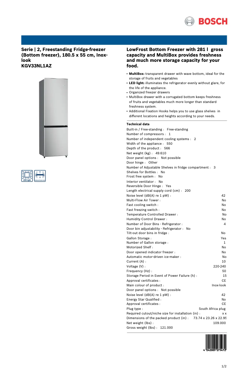 Page 1 de la notice Fiche technique Bosch KGV33NL1AZ