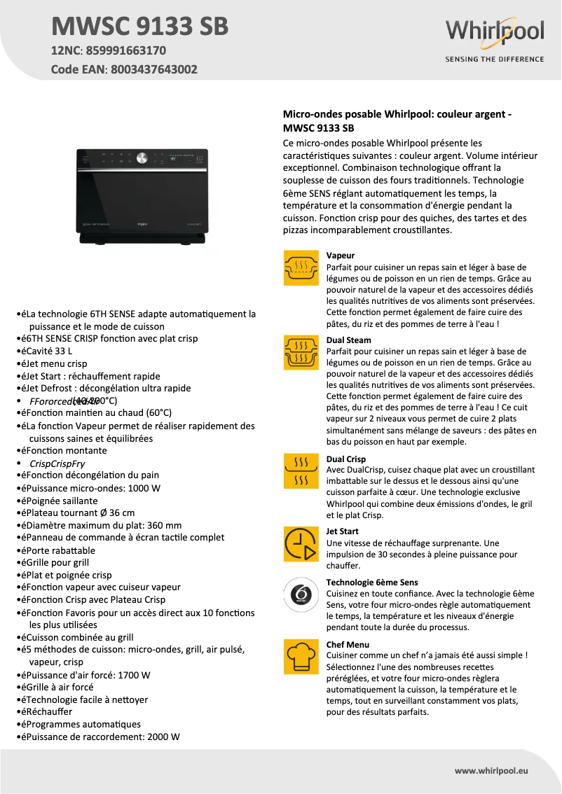 Page 1 de la notice Manuel utilisateur Whirlpool MWSC 9133 SB
