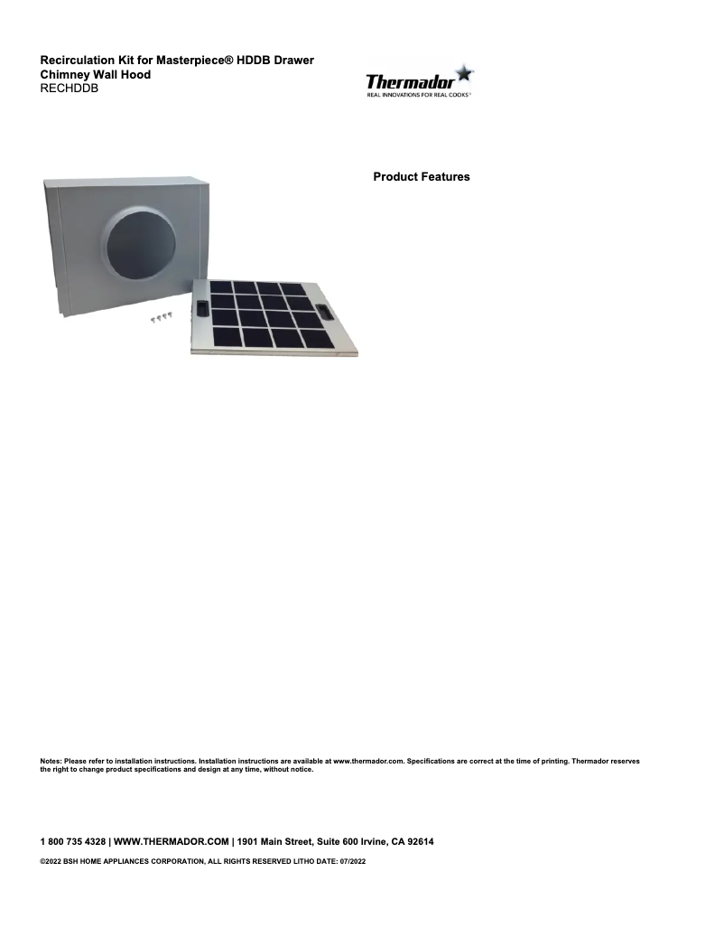 Page 1 de la notice Fiche technique Thermador RECHDDB