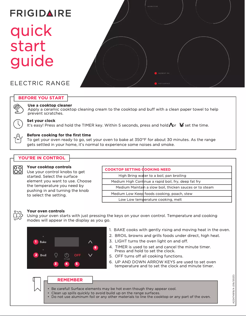 Page 1 de la notice Guide de démarrage rapide Frigidaire FCRE3052BB