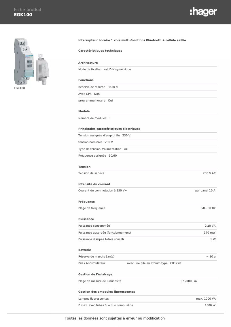 Page n°1 - Fiche technique Hager EGK100