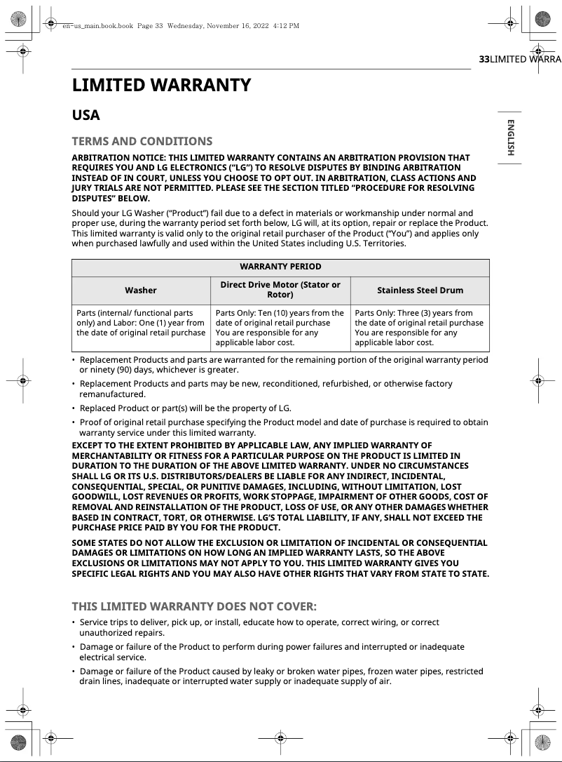 Page 1 de la notice Informations de garantie LG WM6500HWA
