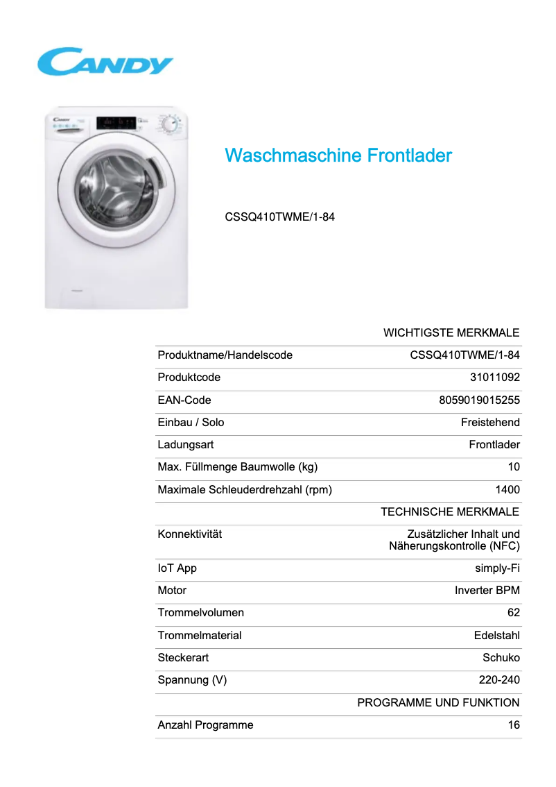 Page 1 de la notice Fiche technique Candy CSSQ410TWME/1-84