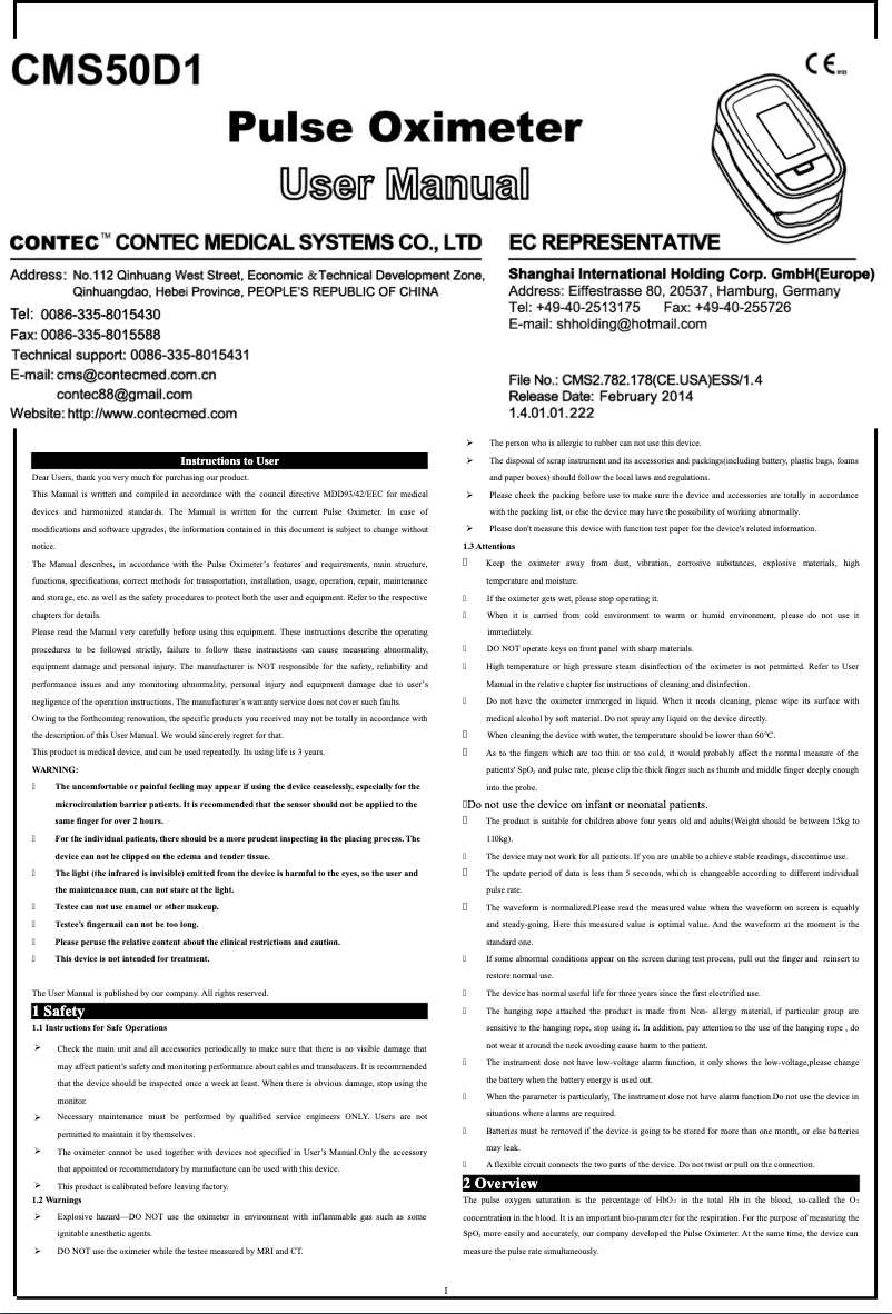 Page n°1 - Manuel utilisateur Contec CMS50D1