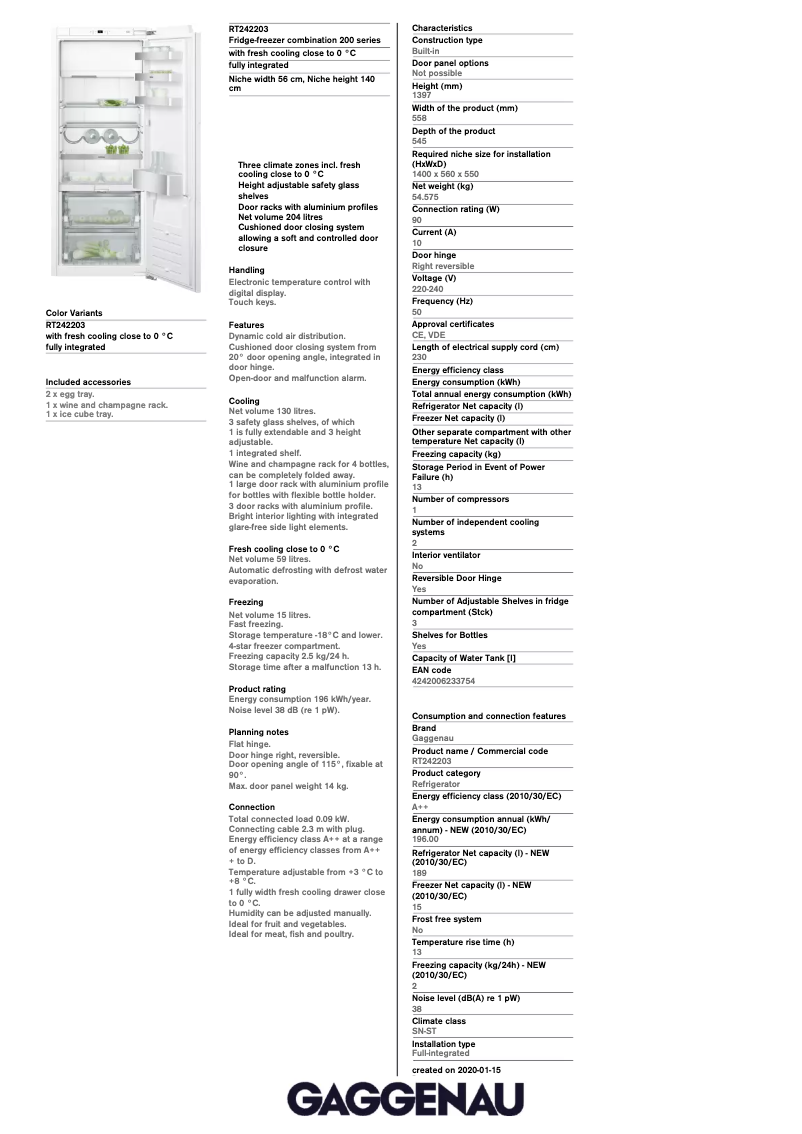 Página 1 del manual Ficha técnica Gaggenau RT242203