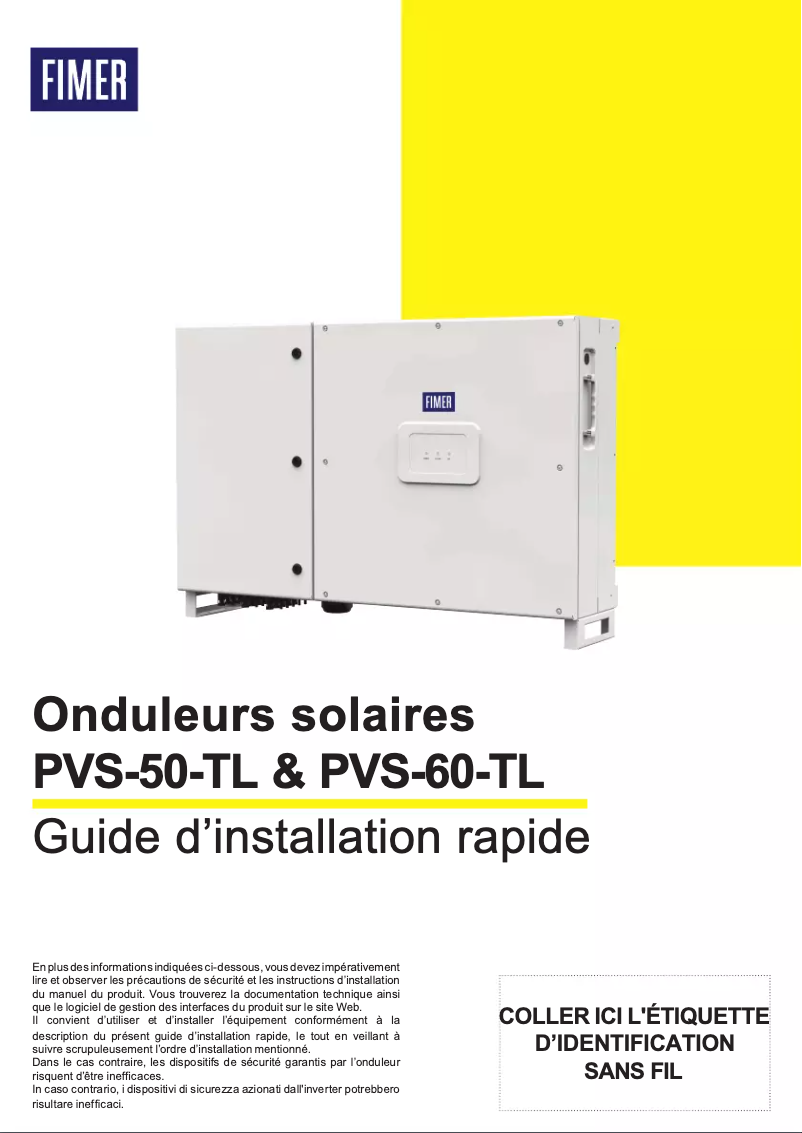 Page 1 de la notice Guide d'installation FIMER PVS-60-TL