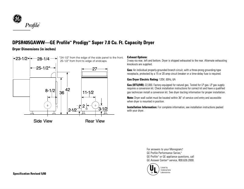 Página 1 del manual Ficha técnica GE Profile Prodigy DPSR405GAWW