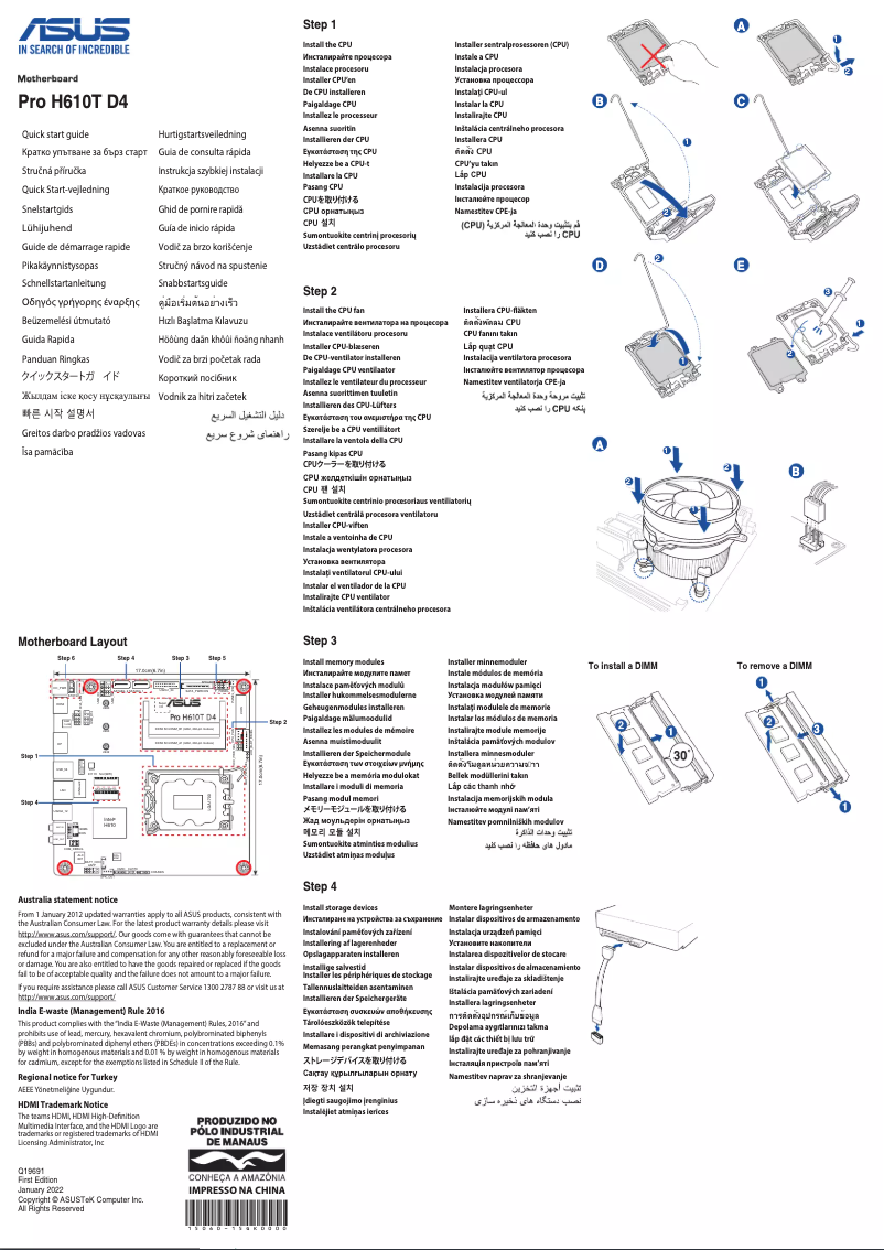 Page 1 de la notice Guide de démarrage rapide Asus Pro H610T D4