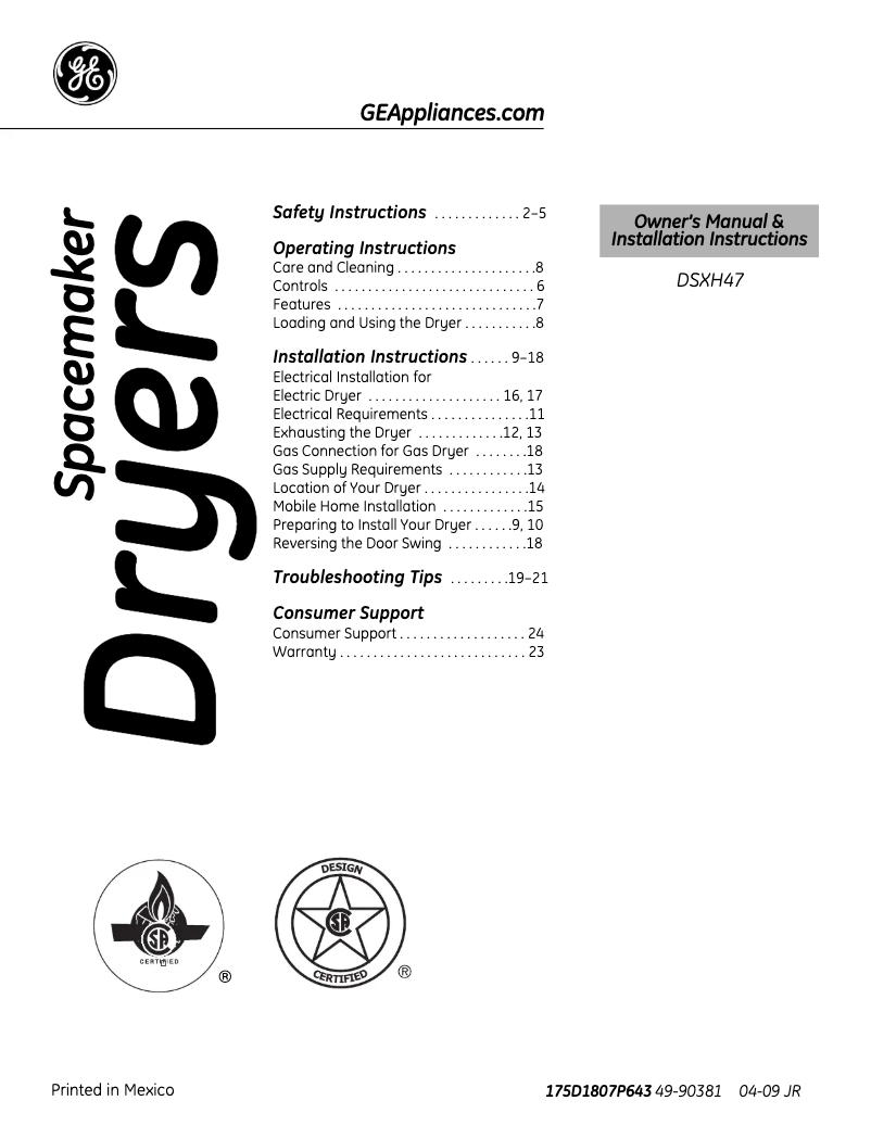 Page 1 de la notice Manuel d'utilisation et d'entretien GE DSXH47GGWW