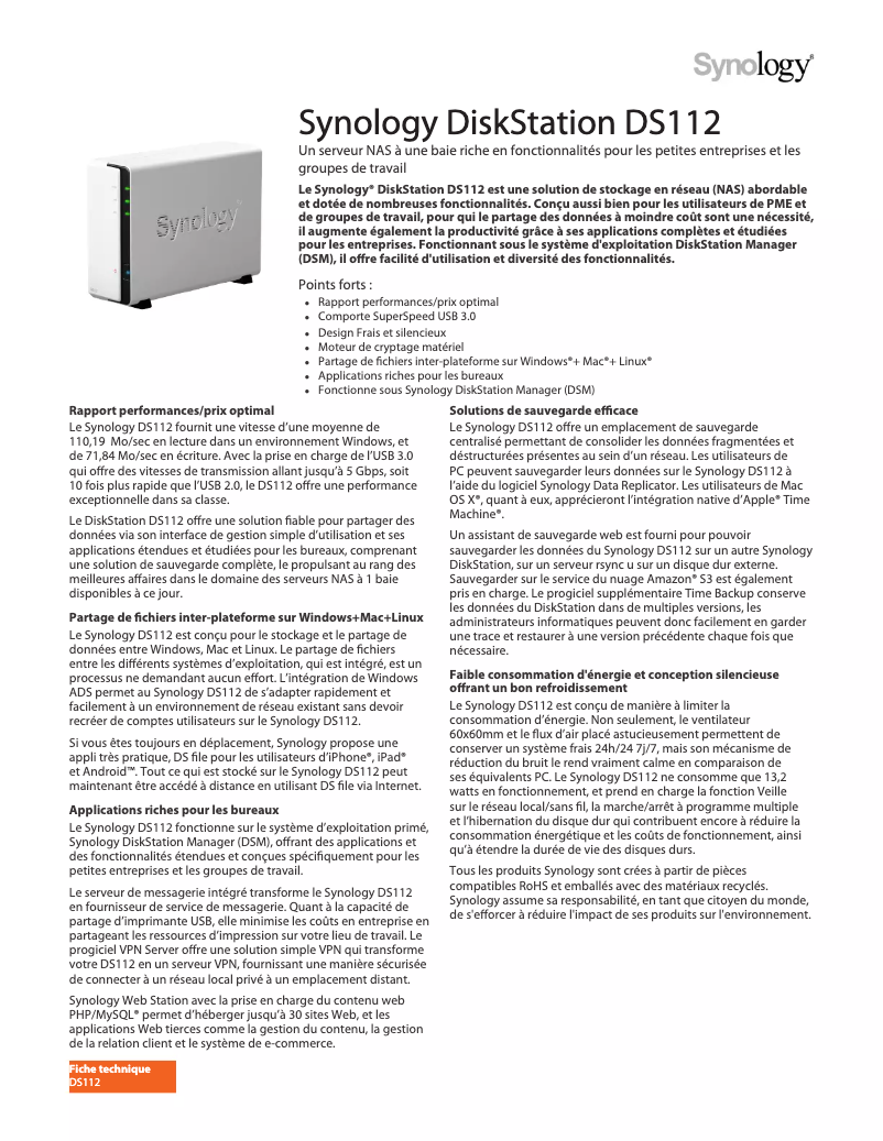 Page 1 de la notice Fiche technique Synology DiskStation DS112J