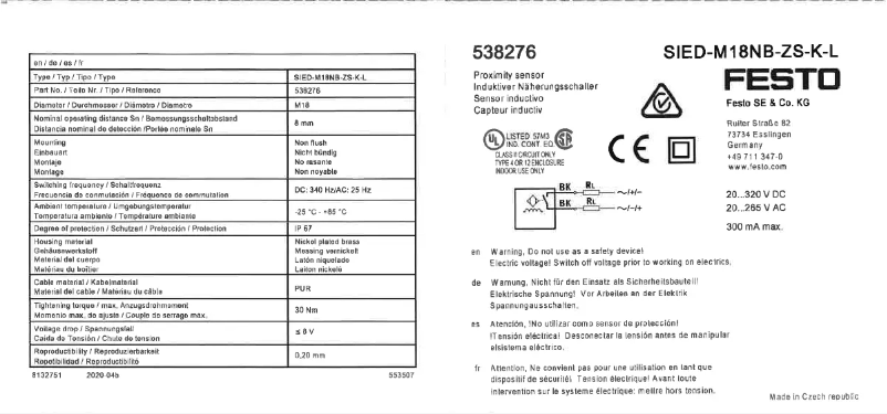 Page 1 de la notice Manuel utilisateur Festo SIED-M18NB-ZS-K-L