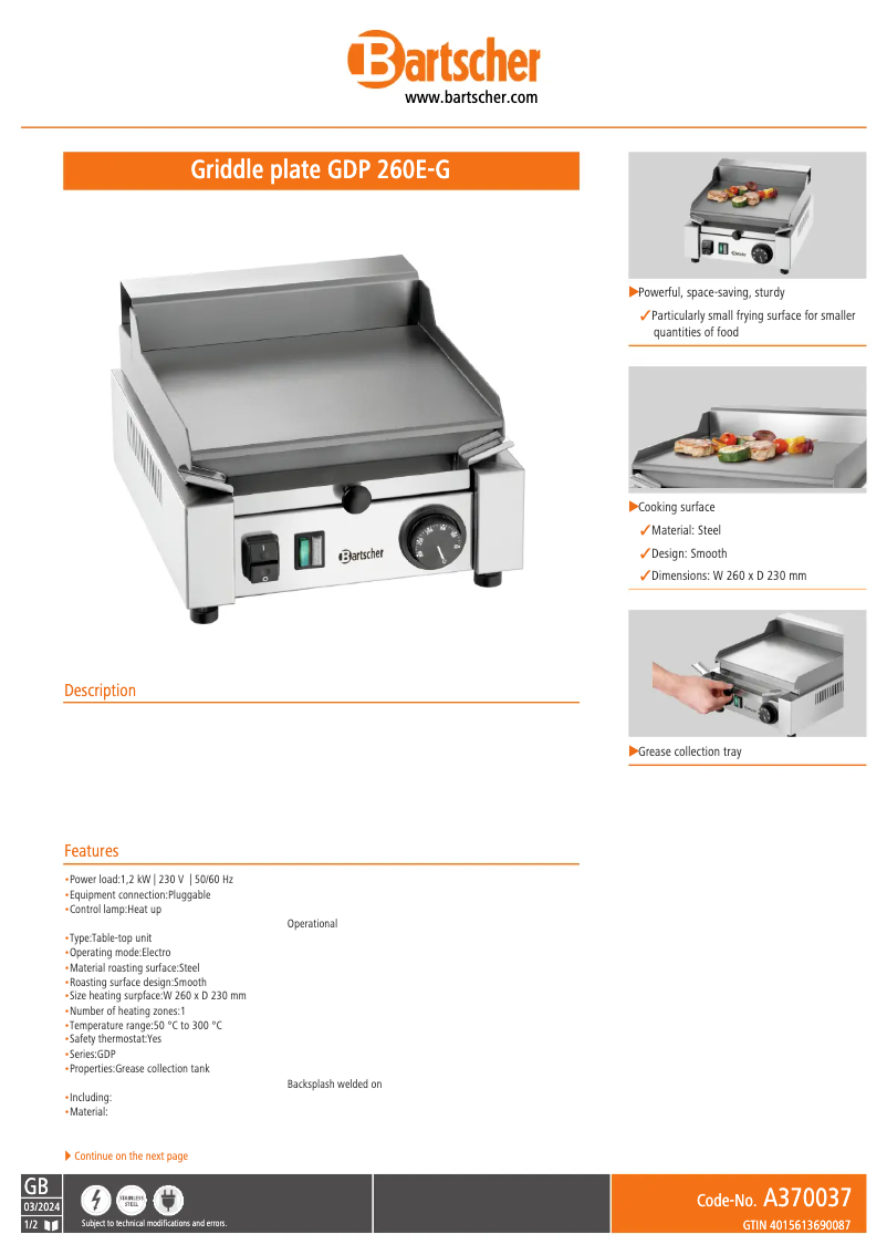 Page n°1 - Fiche technique Bartscher GDP 260E-G
