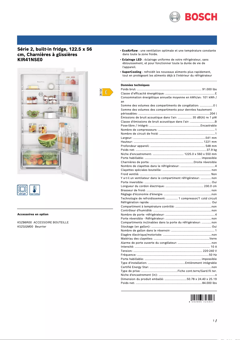 Page 1 de la notice Fiche technique Bosch KIR41NSE0