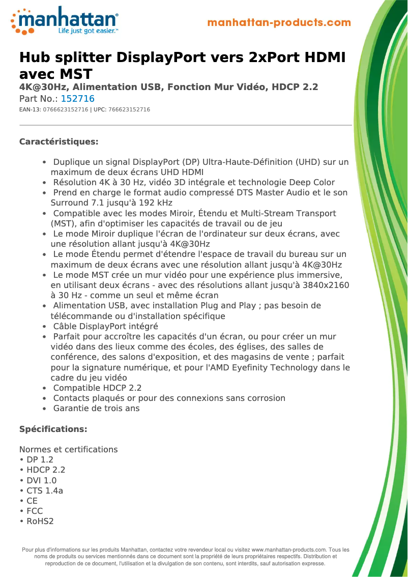 Page 1 de la notice Fiche technique Manhattan 152716