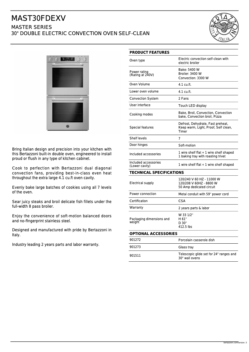 Page 1 de la notice Fiche technique Bertazzoni MAST30FDEXV