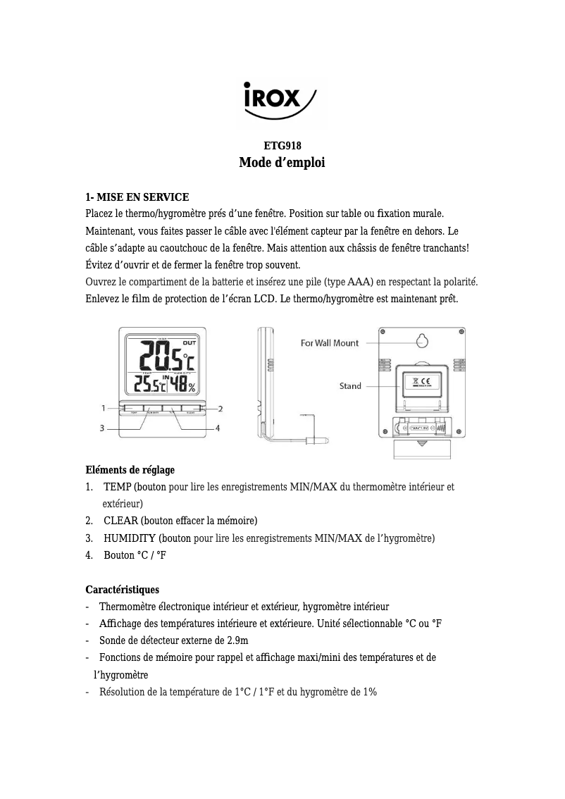 Page 1 de la notice Manuel utilisateur Irox ETG918