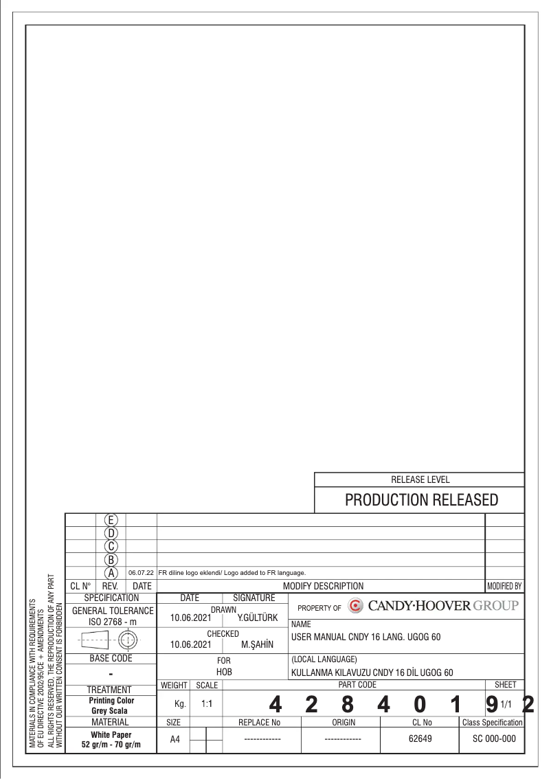 Page 1 de la notice Manuel utilisateur Candy CSG6B