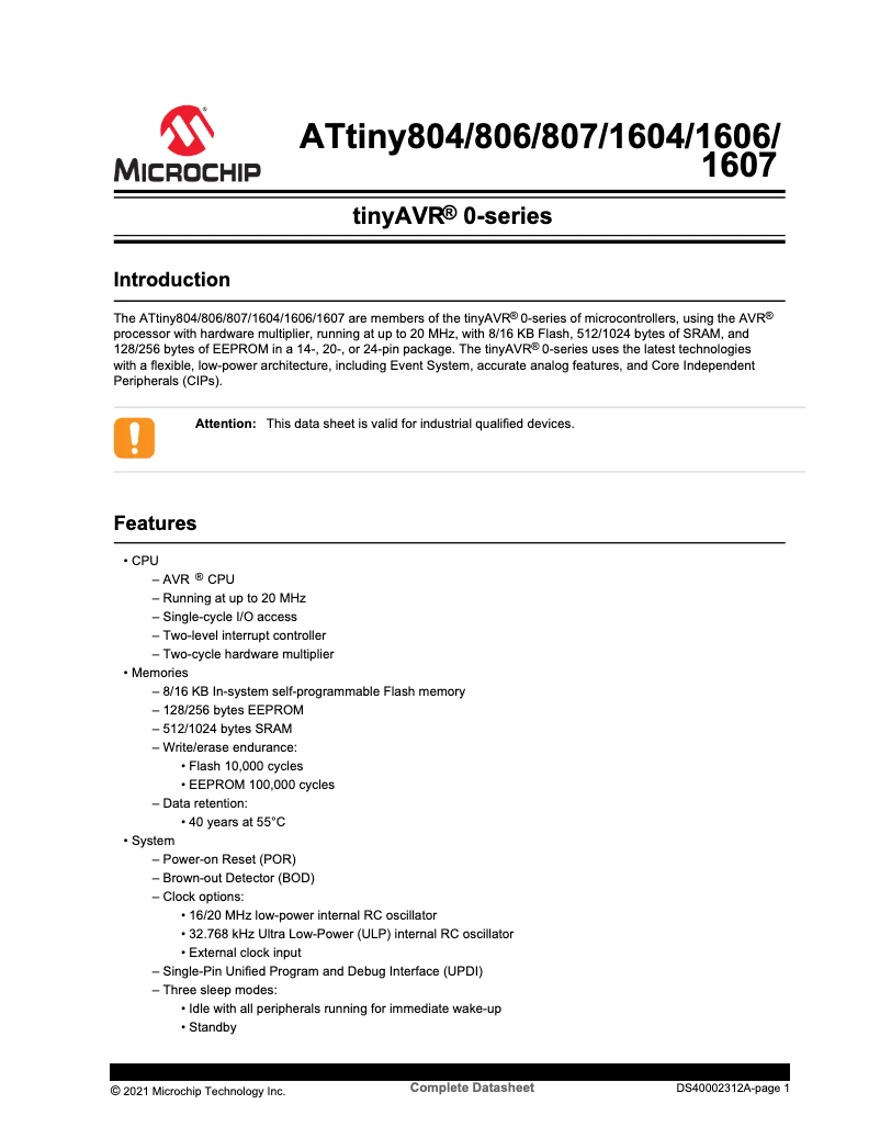 Page 1 de la notice Fiche technique Microchip ATTINY1606
