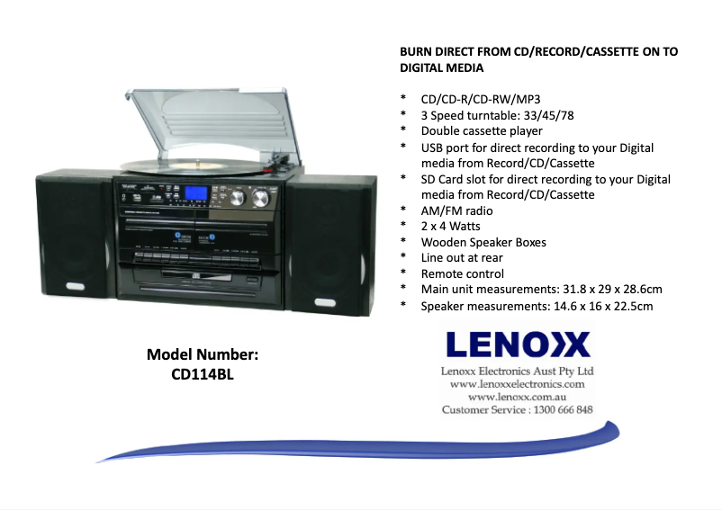 Page 1 de la notice Fiche technique Lenoxx CD114BL