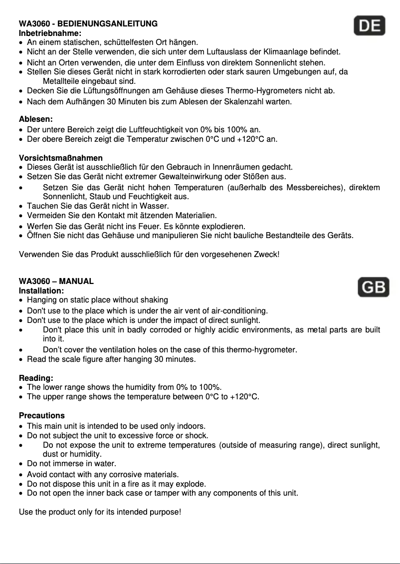 Image de la première page du manuel de l'appareil WA 3060