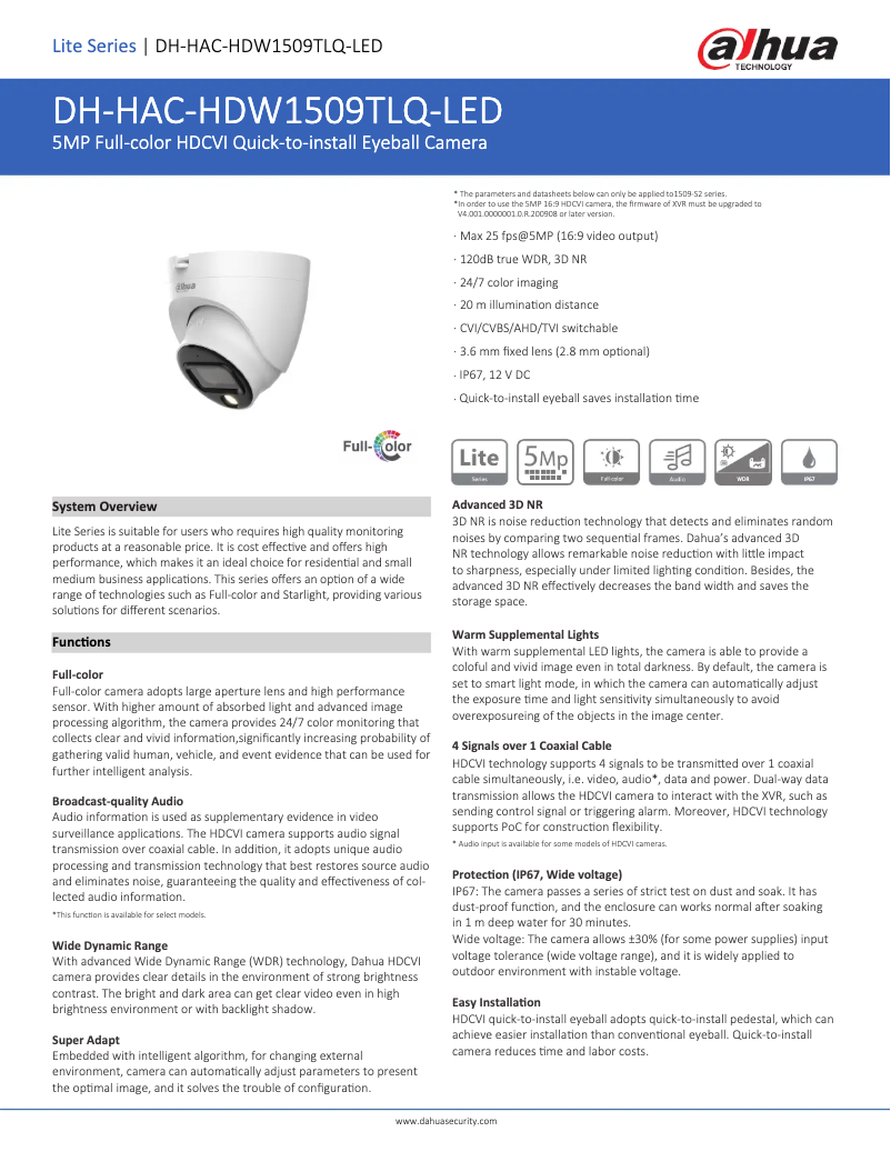 Page 1 de la notice Fiche technique Dahua Technology HAC-HDW1509TLQ-LED