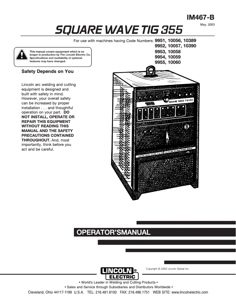 Page n°1 - Manuel utilisateur Lincoln Electric Square Wave TIG 355