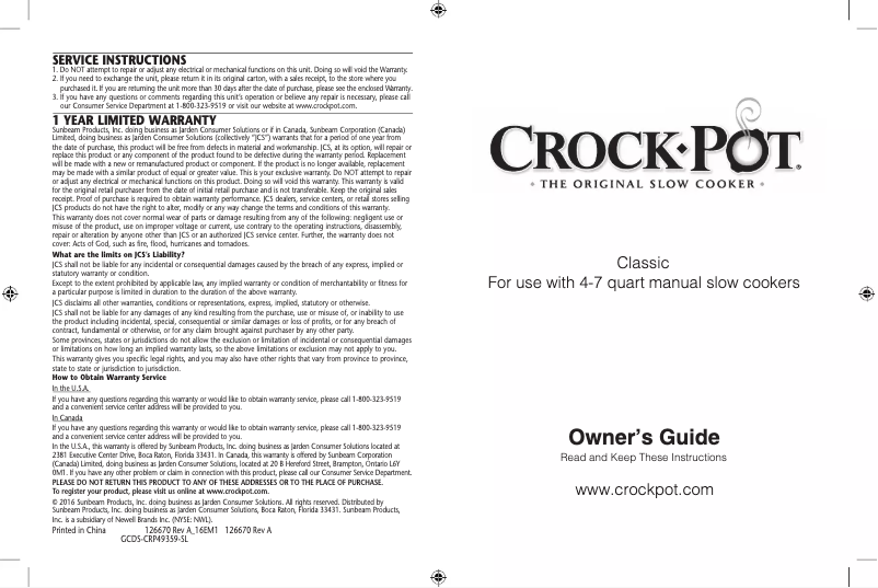 Page 1 of the manual User Manual Crock-Pot CR046