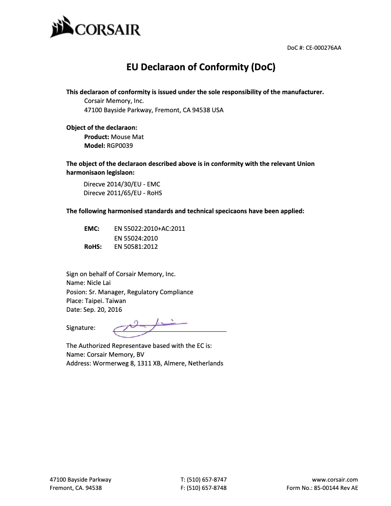 Page 1 de la notice Mode d'emploi Corsair MM800 RGB Polaris