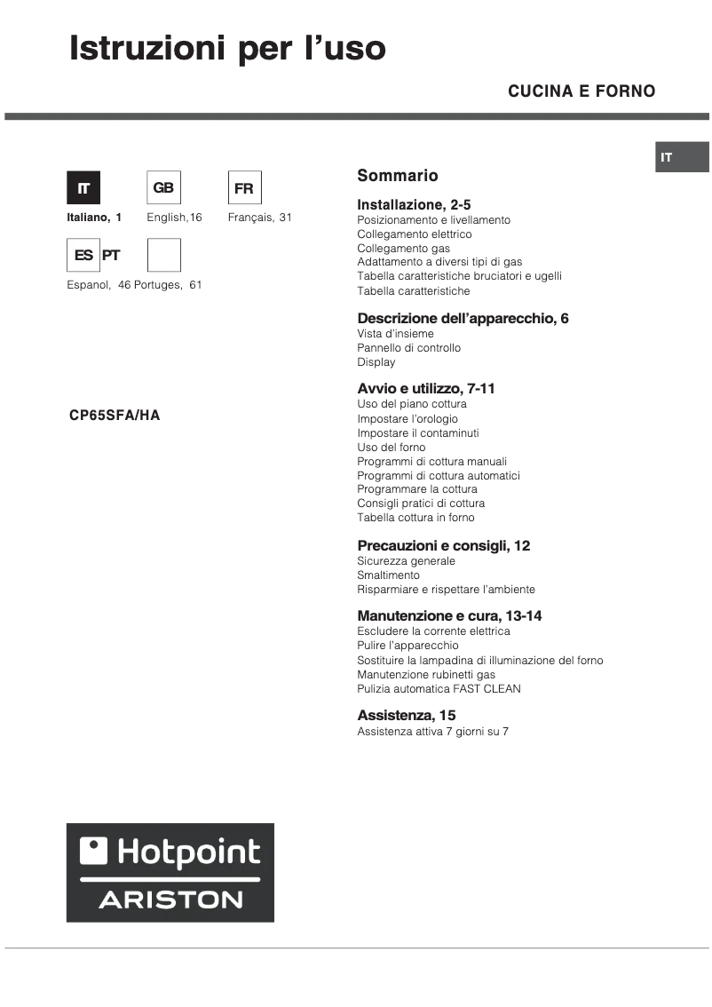 Page n°1 - Manuel utilisateur Hotpoint Ariston CP65SFA/H