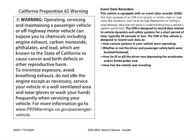 Page 1 de la notice Manuel utilisateur Acura MDX (2022)