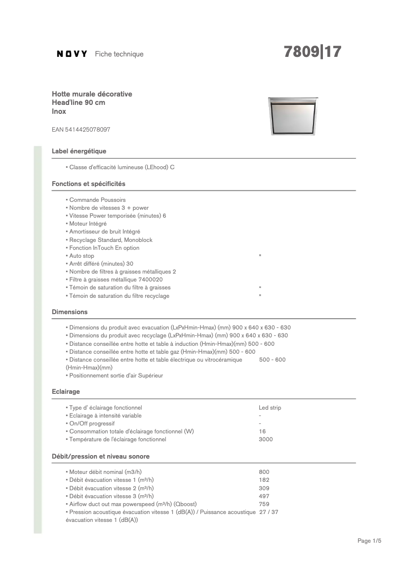 Page 1 de la notice Fiche technique Novy Head'Line 7809