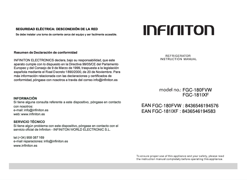 Page 1 de la notice Manuel utilisateur Infiniton FGC-180 FVW
