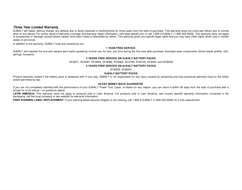 Page n°1 - Informations de garantie DeWalt DCN660