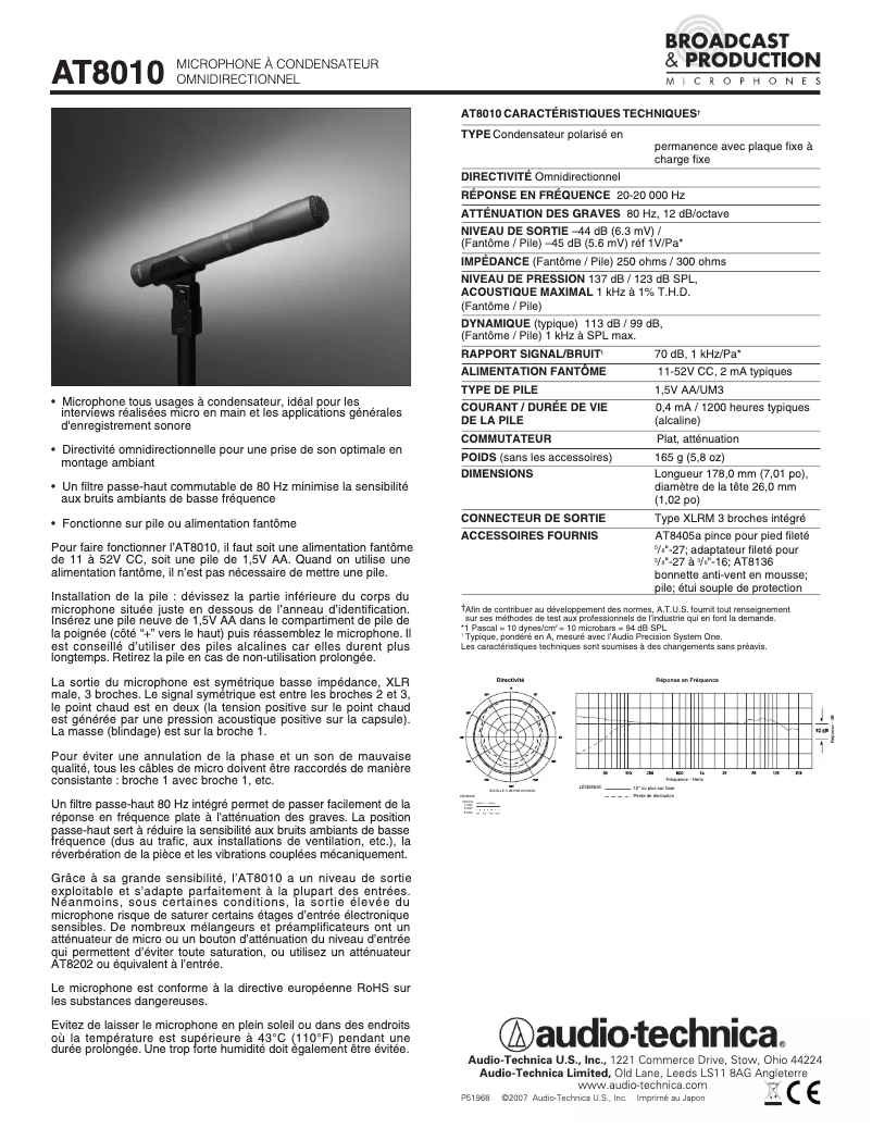 Page n°1 - Fiche technique Audio-Technica AT8010