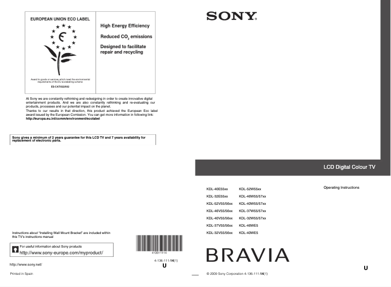 Page 1 de la notice Manuel utilisateur Sony Bravia KDL-37W5740