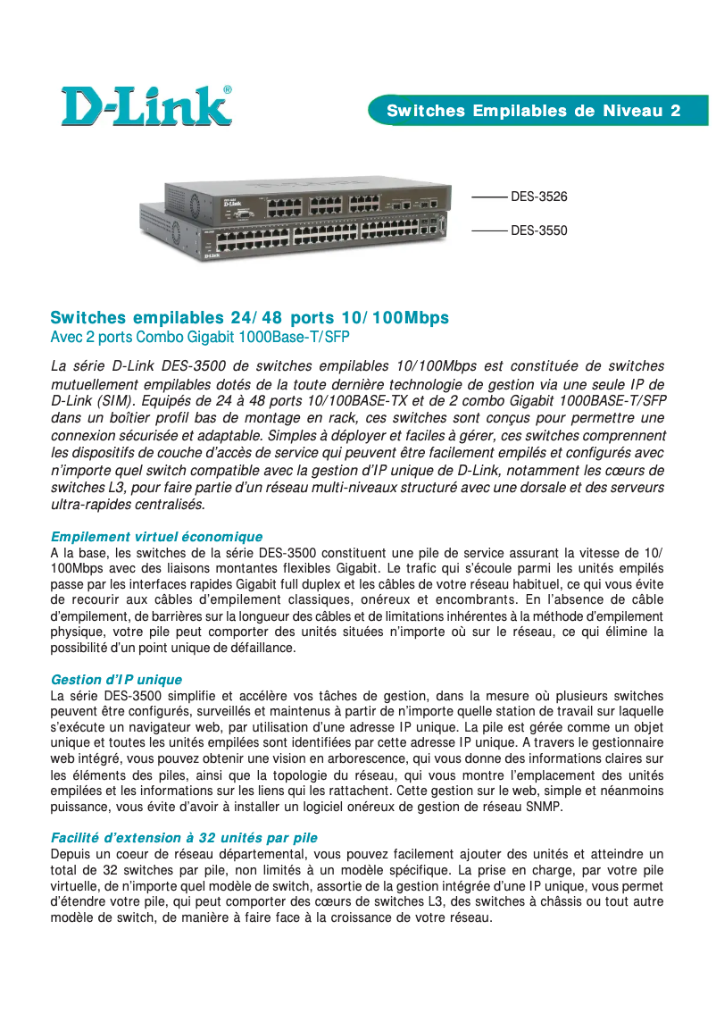Page 1 de la notice Fiche technique D-Link DES-3550