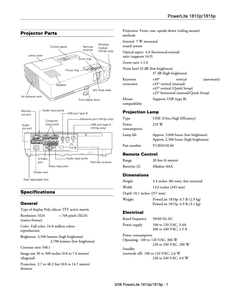 Imagen de la primera página del manual del dispositivo PowerLite 1810p